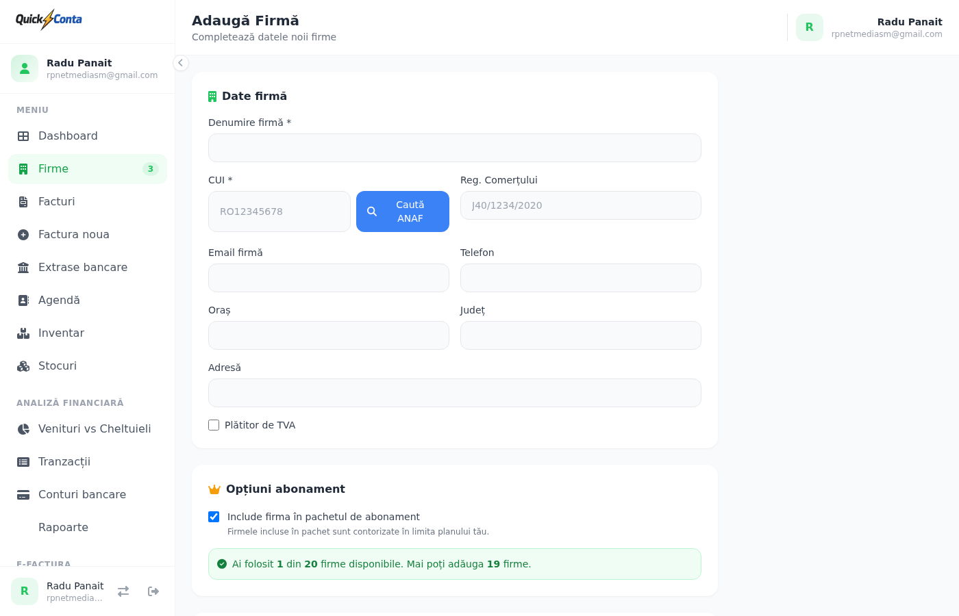 Câmpul CUI și butonul Caută ANAF