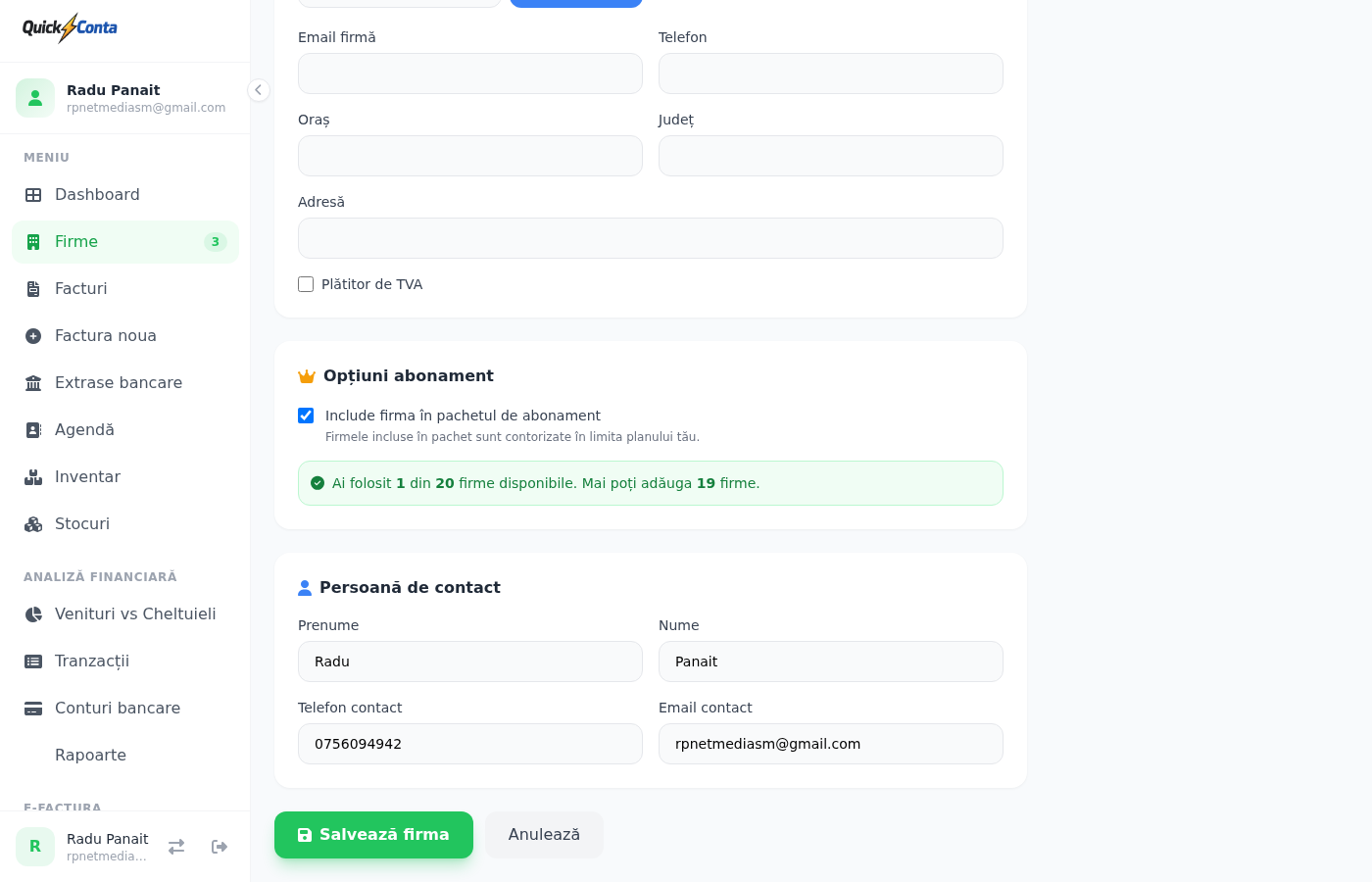 Formularul completat cu datele firmei