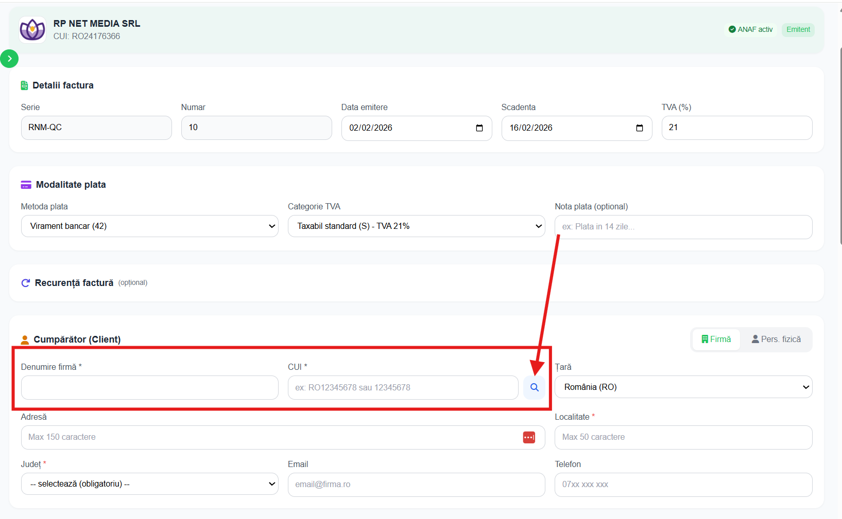 Secțiunea date client cu căutare CUI