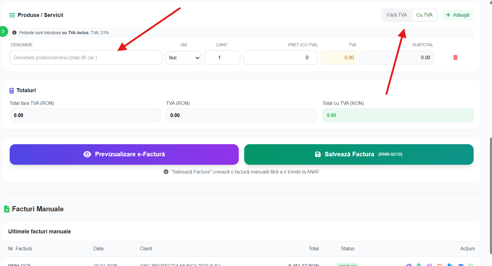Tabelul cu produse/servicii